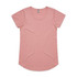A pink T-shirt with a rounded neckline and short sleeves, featuring a small logo on the label.