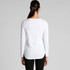 A woman is wearing a white long-sleeve t-shirt, showcasing a simple and sleek design from the back.