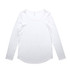A long-sleeve white T-shirt with a round neckline and a logo on the label.