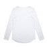 A long-sleeve white T-shirt with a rounded hem and a simple design, featuring a branding logo.