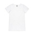 A white V-neck t-shirt with short sleeves and a tag at the neckline. It features a logo on the back.
