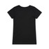 A black V-neck T-shirt with short sleeves and a plain back design, featuring a logo.