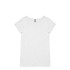 A white T-shirt featuring a relaxed fit and short sleeves, with a label at the neckline and no visible branding.