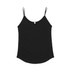 A black singlet with thin straps, featuring a curved hemline and a logo on the side.