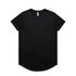 A black T-shirt with a round neckline and a curved hemline, featuring a branding logo.
