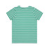 A green and white striped T-shirt featuring a logo on the back. Suitable for casual wear.