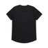 A black t-shirt featuring a curved hem and a plain back. It includes a logo in a visible location.