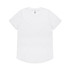 A plain white T-shirt with a rounded hem and a tag at the neckline, featuring a logo on the tag.