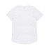 A white T-shirt featuring short sleeves and a rounded hem, with a logo on the back.