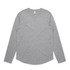A grey long-sleeve t-shirt with a rounded hem and a small logo on the neckline.