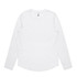 A long-sleeve white t-shirt with a rounded hem and a small logo on the collar.