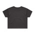 A black crop tee featuring a simple design and a branded logo. The back has a smooth, unadorned surface.