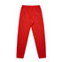 A pair of red track pants with an elastic waistband and tapered legs. Features a branding logo.