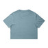 A light blue, cropped t-shirt featuring a plain back and short sleeves, with a logo present.
