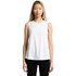 A white sleeveless tank top with a relaxed fit, featuring a simple design and a logo on the front.