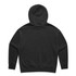 A black hoodie featuring a hood and long sleeves, with a simple design and a logo on the back.