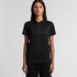 A black active work polo shirt with a collared neckline and button placket shown on a female model.
