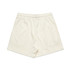 Cream-coloured sports shorts with an elastic waistband and a single side pocket, featuring a logo.