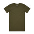 An olive green t-shirt with a plain design and a small logo on the neckline.