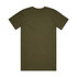 An olive green T-shirt with short sleeves and a plain back, featuring a logo at the neckline.