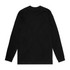 A black long-sleeve t-shirt made from organic material, featuring a simple design with a logo.