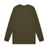 A long-sleeve T-shirt in olive green, featuring a plain design and a logo on the back.