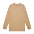 A beige long-sleeved t-shirt with a crew neckline and logo detailing. 