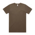 A brown block tubular tee with a classic crew neck design and short sleeves. Features a branding label.