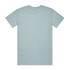 A light blue t-shirt with a round neck and short sleeves, featuring a logo on the back.