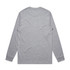 A grey long-sleeve T-shirt viewed from the back, featuring a simple design and a logo.