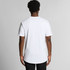 A white T-shirt with a curved hem viewed from the back, featuring short sleeves and a plain design.