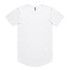 A white t-shirt with a rounded hem and a label at the neckline, featuring a logo.