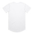 A plain white t-shirt with a rounded hem, featuring a branding logo on the back.