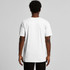 A white T-shirt featuring a straight cut and short sleeves, with a logo on the back.