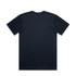 A plain black t-shirt with short sleeves and a crew neckline. The back features a logo.