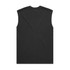 A black sleeveless tank top featuring a simple design and a logo on the back.