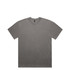 A grey t-shirt with a round neckline and short sleeves, featuring a logo on the label.