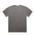 A faded grey t-shirt with a relaxed fit, featuring a simple design on the back and a logo.