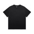 A plain black t-shirt featuring a relaxed fit and short sleeves. It has a logo on the label.
