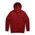 A red hoodie with a hood and a front pocket, featuring a logo on the design.