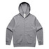 A grey zip-up hoodie with a front pocket and a hood, featuring a logo on the label.