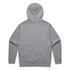 A grey hoodie with a hood and long sleeves, featuring a back view and a logo.