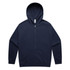 A navy zip-up hoodie with a kangaroo pocket and a hood. It features a small logo on the label inside.