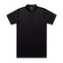 A black polo shirt featuring a collar and buttons, with a logo on the front. Suitable for workwear.