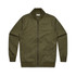 An olive green bomber jacket featuring a zip front and ribbed collar and cuffs. It has a logo on one side.