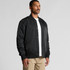 A black bomber jacket with a classic design, featuring a front button closure and ribbed cuffs, displayed on a model.
