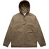 A heavy hooded jacket in a khaki colour with a quilted inner lining and front pockets. It features a logo on the chest.