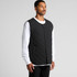 A black quilted vest features a button closure and side pockets, designed for layering over a long-sleeve shirt.