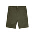 Plain shorts in an olive green colour, featuring a button closure and side pockets. Includes a logo on the waistband.