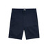 Navy blue dress shorts with a button and zipper closure, featuring front pockets and a logo on the waistband.